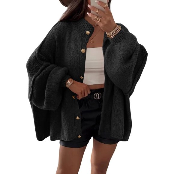 Sweaters - Women's Black Oversized Cardigans Button Down Chunky Fall Sweater Coats
